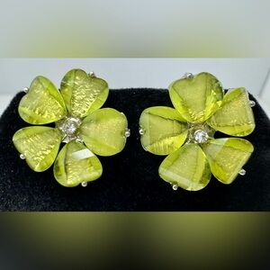 Elegant Vintage Green Floral Crystal and Acrylic Earrings #1416